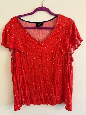 W5 Red Floral V-Neck Blouse with Flutter Sleeves